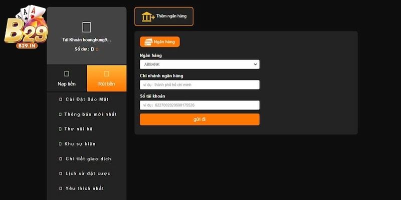 Điền thông tin cơ bản theo yêu cầu khi rút tiền