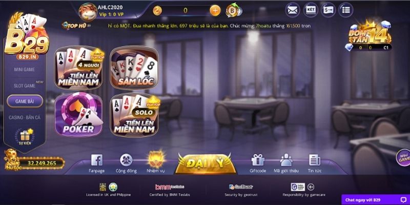 Tại B29 anh em có thể chơi nhiều game bài khác nhau